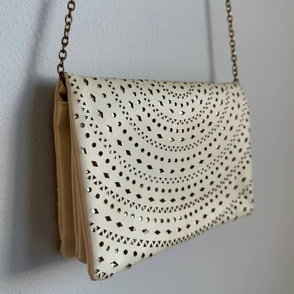 Street Level Handbags - Street Level Gold Punch Accent Cream Crossbody Clutch